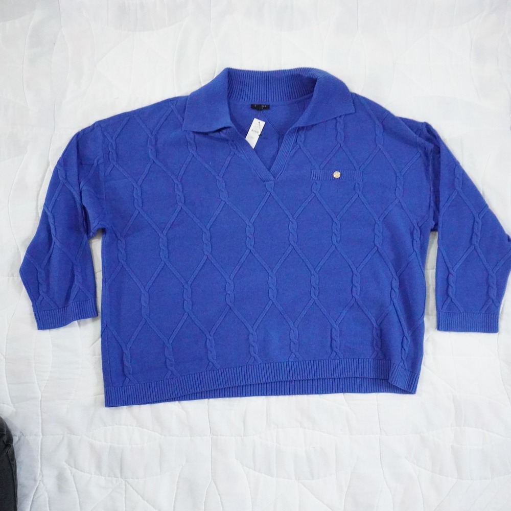 Talbots Plus Size‎ 3X Royal Blue Cable Knit Collared Sweater NWT Nautical Career